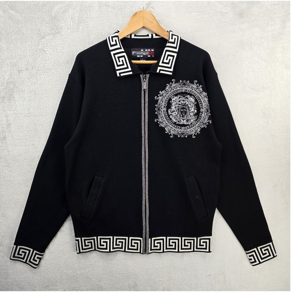 Vintage Royal Prestige Full Zip Jacket Large Black Embroidered Medusa Greek Key